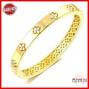 14K Gold Plated Moissanite Bangle Bracelet Elegant Four Leaf Clover Design